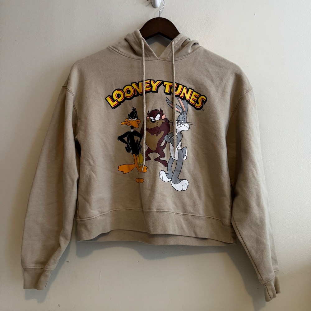 Looney Tunes Kids Sz M Tan Graphic Hoodie 90s Y2K Nostalgia Classic Streetwear